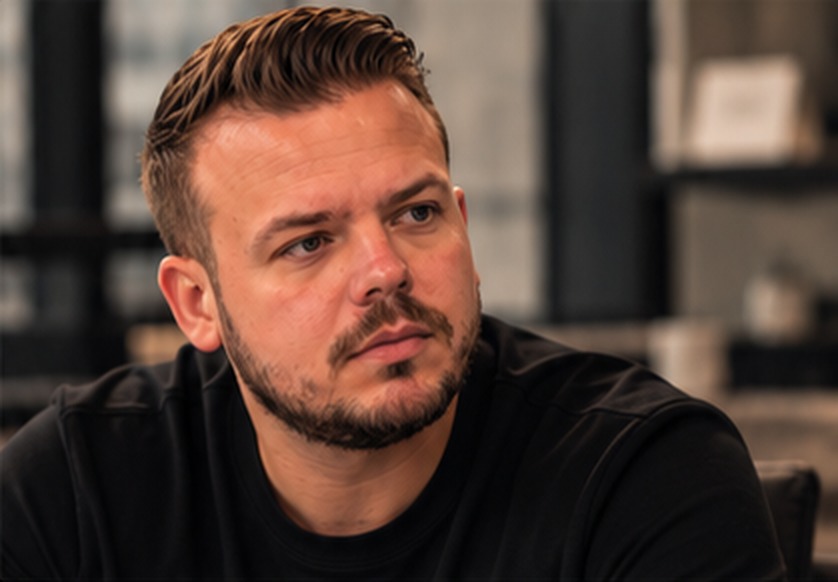 Portrait of Corey Seaman in a dark sweater, seated indoors